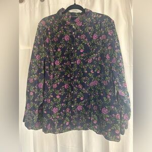 Basic Editions Dark Floral Corduroy Cotton Pearl Snap Button Up Blouse Top